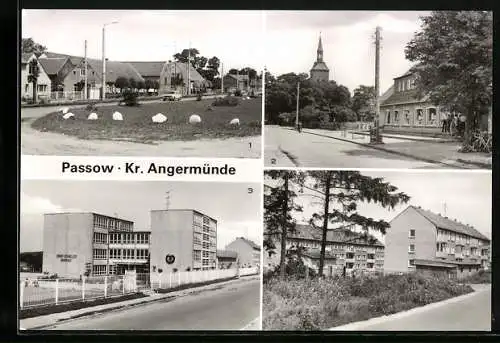 AK Passow /Kr. Angermünde, Dorfanger, Einkaufszentrum mit Blick zur Dorfkirche, Ernst-Schneller-Oberschule, Neubauten
