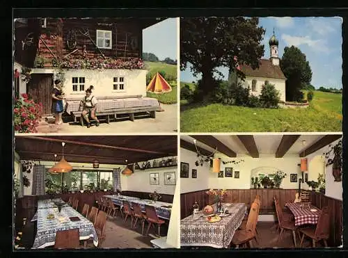 AK Murnau /Obb., Gaststätte Ähndl mit Terrasse und Innenansichten, kleine Kapelle