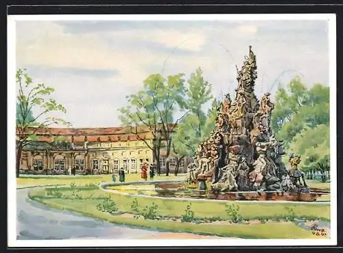 Künstler-AK Erlangen, Hugenottenbrunnen und Orangerie nach einem Aquarell von Peter Bina