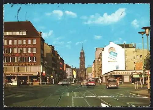 AK Krefeld, Rheinstrasse mit Geschäften und Kirche