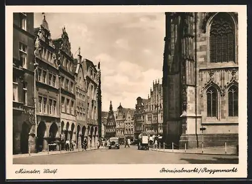 AK Münster /Westf., Prinzipalmarkt mit Geschäften und Kirche