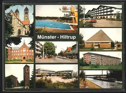 AK Münster-Hiltrup, Freibad, Strassenpartie, Kirchen