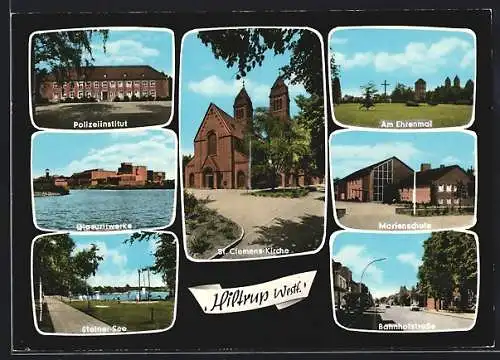 AK Hiltrup /Westf., Polizeiinstitut, St. Clemens-Kirche, Glasuritwerke, Steiner-See, am Ehrenmal, Marienschule