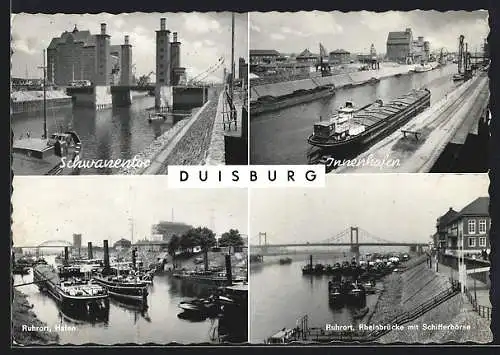 AK Duisburg, Schwanentor, Hafen und Rheinbrücke