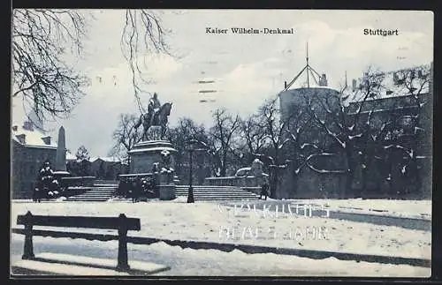 AK Stuttgart, Kaiser Wilhelm-Denkmal im Schnee