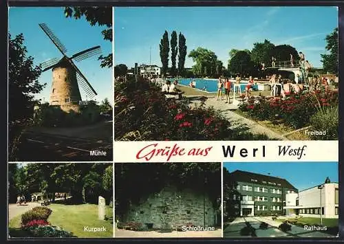 AK Werl i. W., Freibad, Mühle, Rathaus