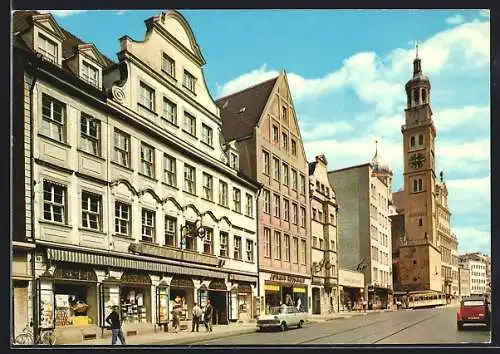 AK Augsburg, Karolinenstrasse mit Geschäften und Perlach