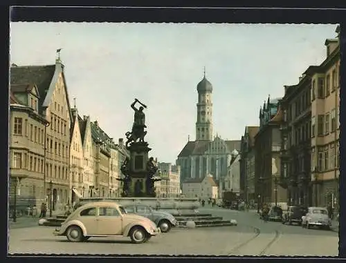 AK Augsburg, Herkulesbrunnen mit Kirche St. Ulrich und Afra