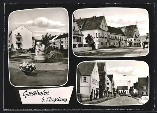 AK Gersthofen b. Augsburg, Kirche, Brunnen, Strassenpartie