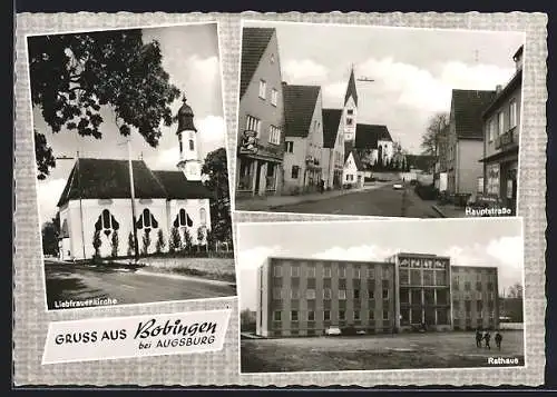 AK Bobingen bei Augsburg, Hauptstrasse mit Geschäften und Apotheke, Liebfrauenkirche, Rathaus