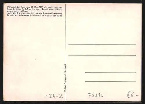 AK Stuttgart, Altes Schloss in Brand, Weihnachten 1931