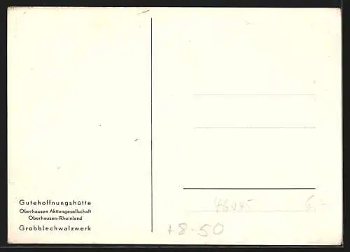 Künstler-AK Oberhausen /Rheinland, Gutehoffnungshütte Oberhausen AG, Grobblechwalzwerk mit Fabrikarbeitern, Innenansicht