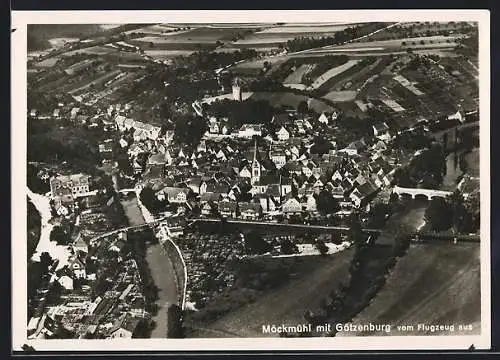 AK Möckmühl, Ortsansicht mit Götzenburg, Fliegeraufnahme