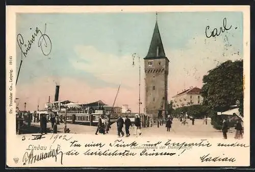 AK Lindau i. B., Dampfschiff-Landeplatz mit Turm