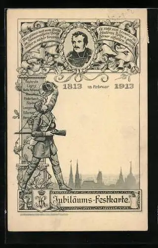 Künstler-AK Aachen, Jubiläums-Festkarte 1813-1913, Teilansicht und Soldat, Görhrde, Ligny, Belle Alliance