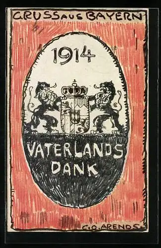 Künstler-AK sign. Arends: Vaterlandsdank Bayern 1914, Wappen