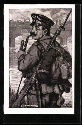 Künstler-AK sign. Strieffler: Landsturm, Soldat raucht Tabakpfeife
