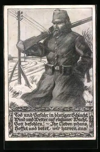 Künstler-AK sign. O. Weil: Soldat hält wacht im Schnee