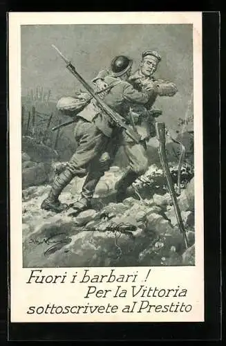 AK Kriegsanleihe, Fuori i barbari!, Per la Vittoria sottoscrivete al Prestito, Kämpfende Soldaten