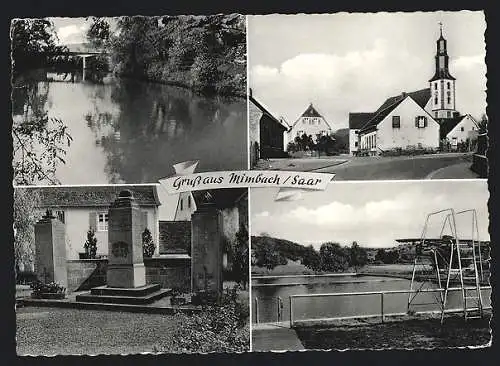 AK Mimbach /Saar, Flusspartie, Kirche, Denkmal und Freibad