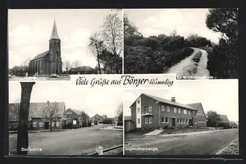 AK Börger /Hümmling, Jugendherberge, Kirche, Im Wacholderhain