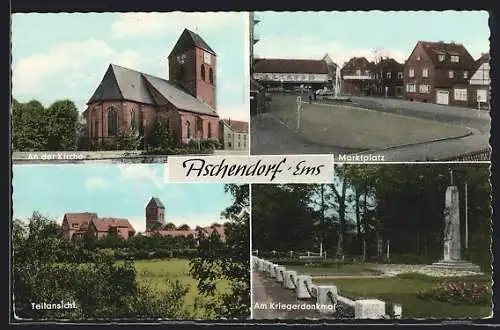 AK Aschendorf /Ems, Kirche, Marktplatz, Kriegerdenkmal