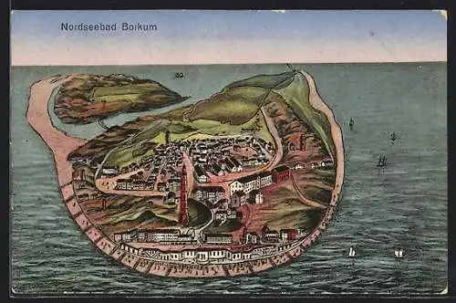 Künstler-AK Borkum, Nordseebad, Ortsansicht mit Leuchtturm