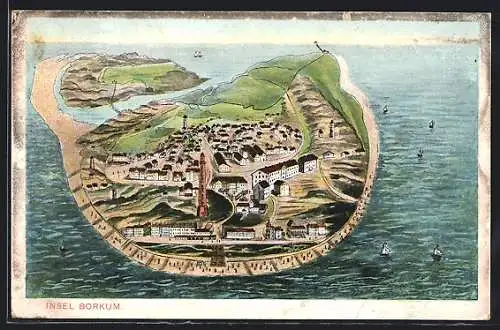 Lithographie Borkum, Gesamtansicht der Insel