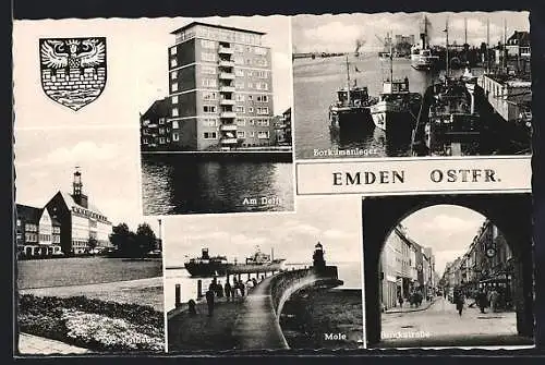 AK Emden /Ostfr., Mole, Hafenpartie, Wappen