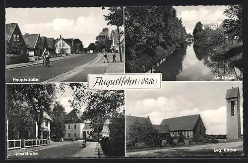 AK Augustfehn, Hauptstrasse, Poststrasse, Ev. Kirche, Am Kanal