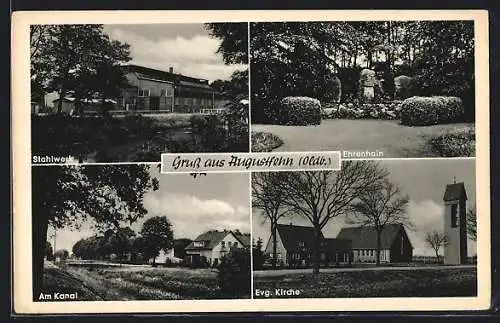 AK Augustfehn /Oldb., Ehrenhain, Stahlwerk, Kanalbrücke