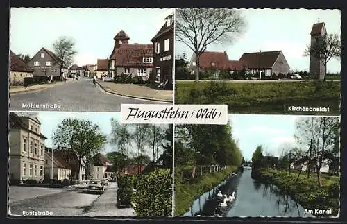 AK Augustfehn, Mühlenstrasse, Poststrasse, Kirche mit Glockenturm, Am Kanal