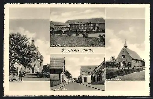 AK Bockhorn i. Oldbg., Langestrasse, Neue Schule, Kirchen