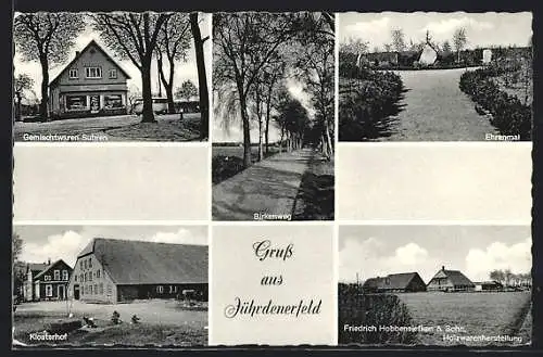 AK Jührdenerfeld, Gemischtwaren Suhren, Klosterhof, Ehrenmal, Birkenweg