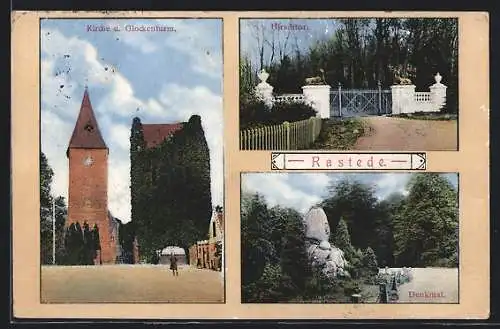 AK Rastede, Hirschtor, Denkmal, Kirche u. Glockenturm