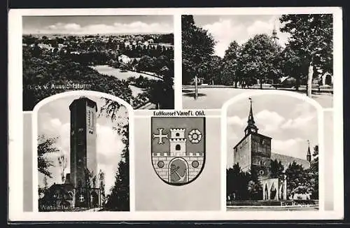 AK Varel i. O., Wasserturm, Ortsansicht vom Aussichtsturm, Wappen