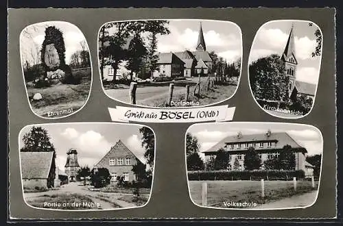 AK Bösel /Oldb., Ehrenmal, Mühlenpartie, Volksschule