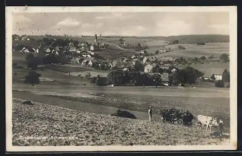 AK Grafenhausen /Schwarzwald, Teilansicht und Bauer mit Ochsenwagen