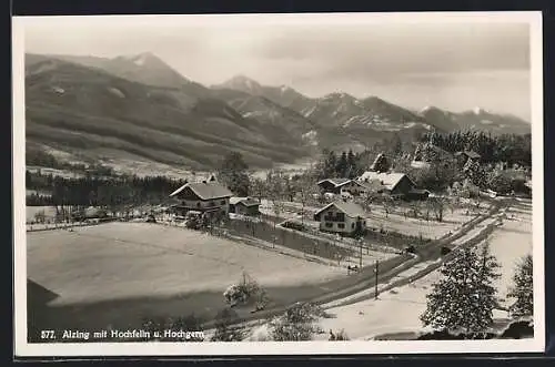 AK Alzing, Ortspartie mit Hochfelln und Hochgern im Schnee