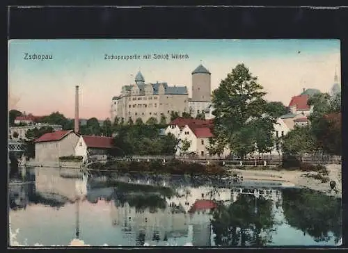 AK Zschopau, Flusspartie mit Schloss Wildeck