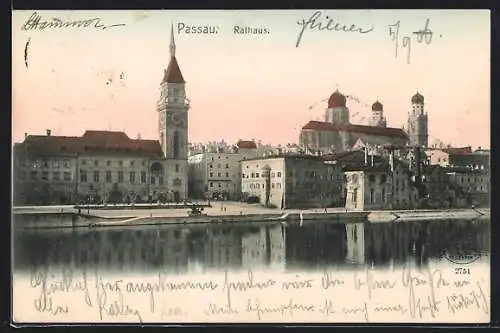 AK Passau, Bootspartie mit Blick nach dem Rathaus