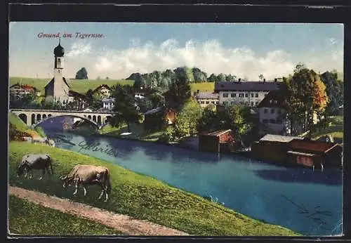 Künstler-AK Gmund, Ortspartie mit Blick auf die Kirche