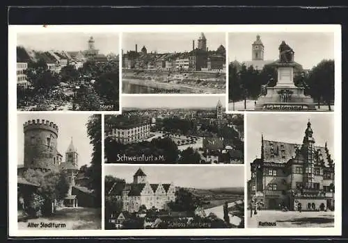 AK Schweinfurt a. M., Ortsansicht, Schloss Mainberg, Mainpartie, Rückertdenkmal, Rathaus, Markt, Alter Stadtturm