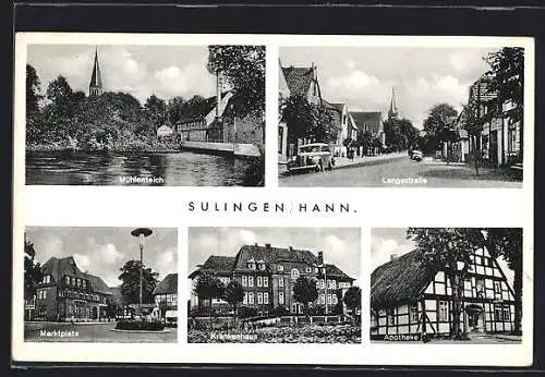 AK Sulingen /Hann., Mühlenteich, Langestrasse, Krankenhaus und Apotheke