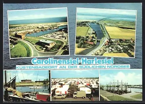 AK Carolinensiel-Harlesiel, Schiffe am Hafen, Campingplatz