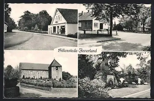 AK Sillenstede-Jeverland, Strassenpartie mit Geschäft, Kirche, Denkmal