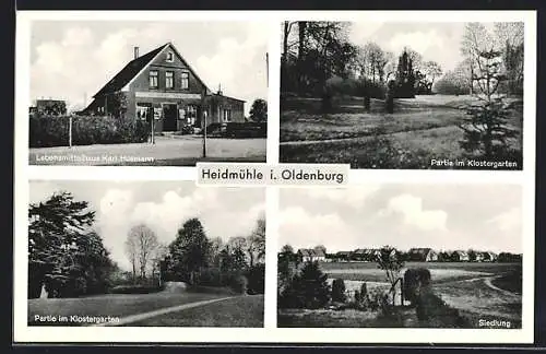 AK Heidmühle i. Oldenburg, Lebensmittelgeschäft Karl Husmann, Siedlung, Partie im Klostergarten