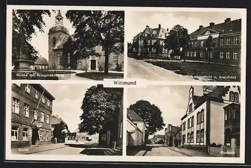 AK Wittmund, Kirche mit Kriegerdenkmal, Amtsgericht & Kreishaus, Markt, Postamt