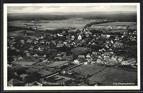 AK Bockhorn i. O., Teilansicht mit Windmühle, Fliegeraufnahme