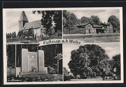 AK Eystrup, Kirche, Bahnhof, Kriegerdenkmal